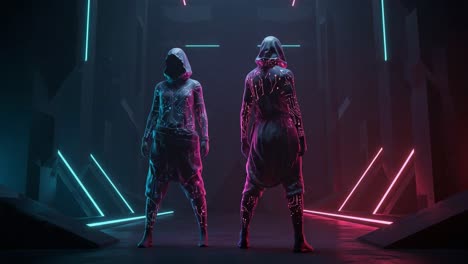 a pair of futuristic figures clad in glowing holographic attire stand poised in a dark, neon-lit environment, showcasing an electrifying blend of light, fashion, and technology