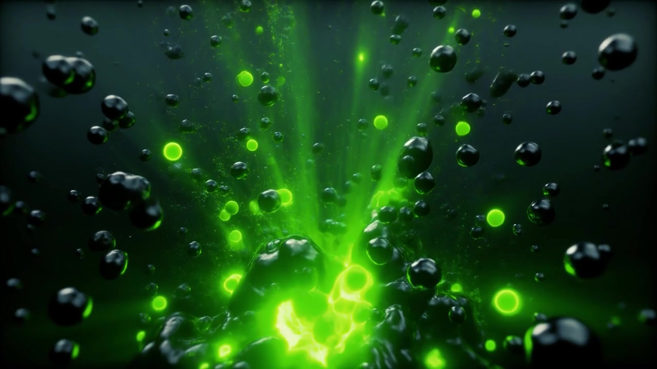 Explosão Abstrata de Líquido Verde com Esferas Flutuantes