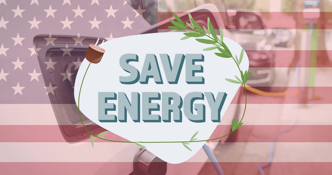 Teks hemat energi di atas bendera Amerika Serikat dan mobil listrik yang sedang mengisi daya