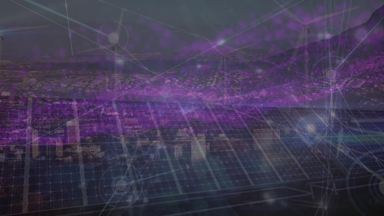 animación de la red de conexiones y el paisaje urbano sobre turbinas eólicas y paneles solares