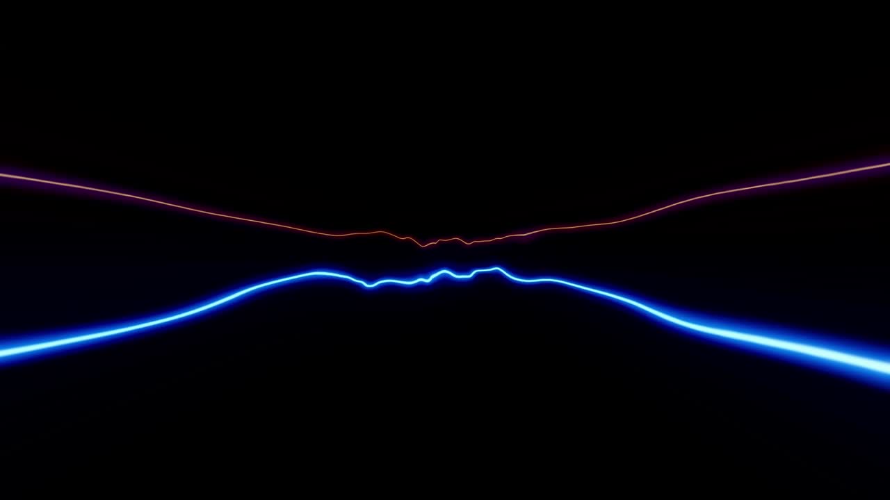 Two glowing neon lines, one blue and one pink, move and undulate like energy streams or electricity on black background. For sci-fi or tech