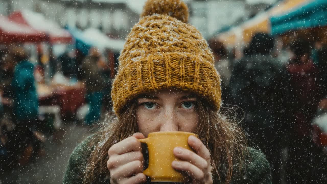 Momenti di gioia in inverno: una giovane donna si gusta una bevanda calda in un accogliente mercato sotto una leggera nevicata, catturando l'essenza della felicità stagionale