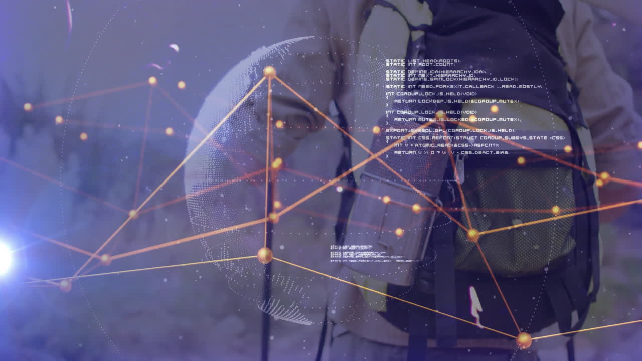 Man wearing backpack holding poles navigating field with digital globe network code layering tech