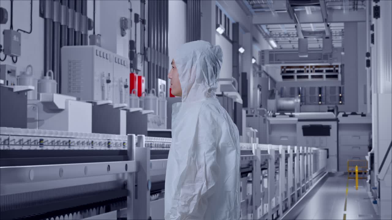 Side View Of Asian Male Scientist Looking Around At Pharmaceutical Factory, Vaccine Production Facility