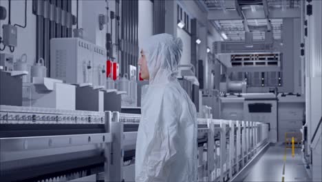 side view of asian male scientist looking around at pharmaceutical factory, vaccine production facility