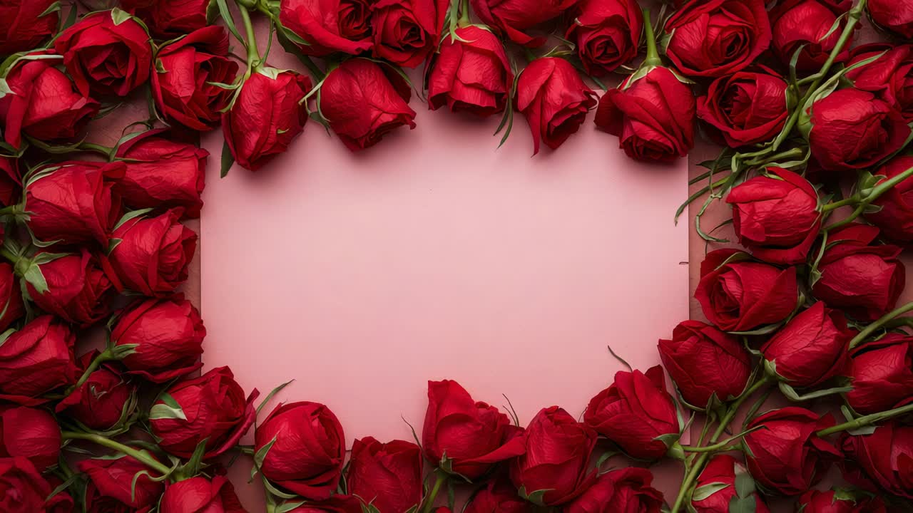 Enquadramento de retângulo de rosa vermelha mudando sutilmente do deslocamento da câmera em papel rosa, enfatizando o centro