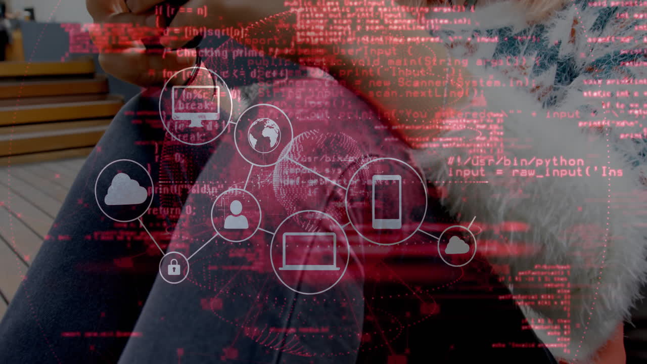 Woman using smartphone outdoors on deck bench, displaying red tech code overlay with network icons