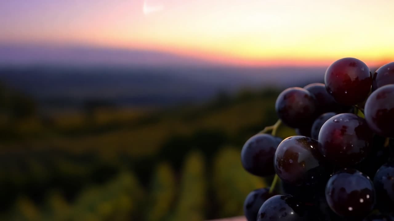 Primo piano di un grappolo d'uva rossa in un vigneto al tramonto