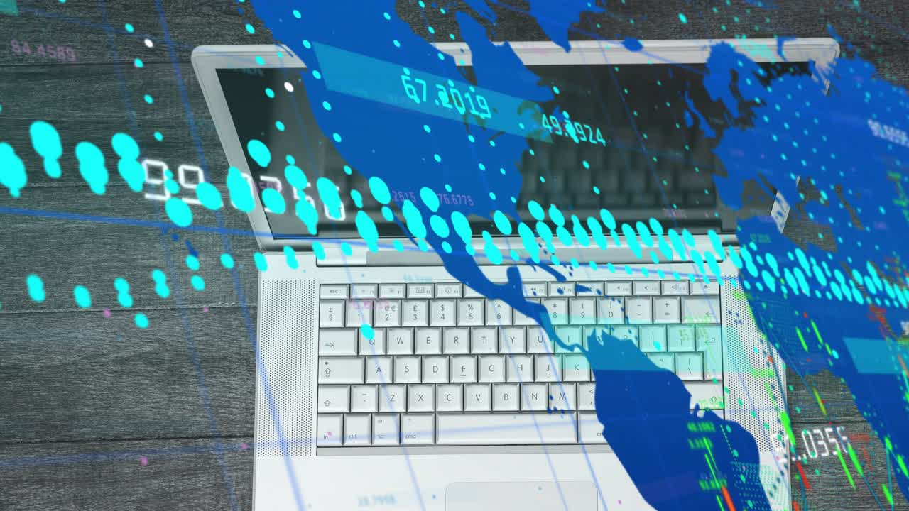 Third frame launching teal-blue graphics drifting over laptop with data appearing to visualize flow