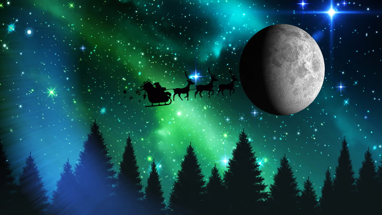 Animazione di Babbo Natale e slitta nel cielo notturno in uno scenario invernale