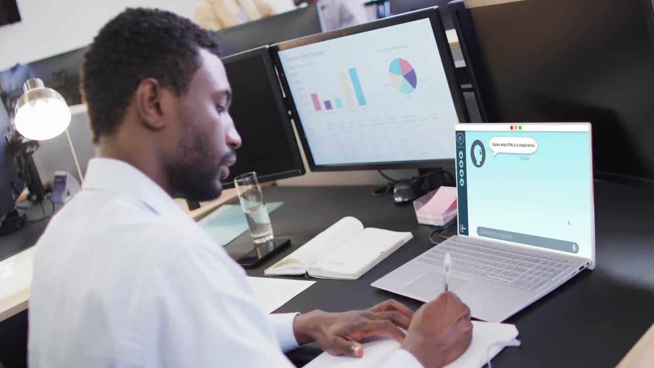 Composition of african american businessman using laptop with ai chat on screen