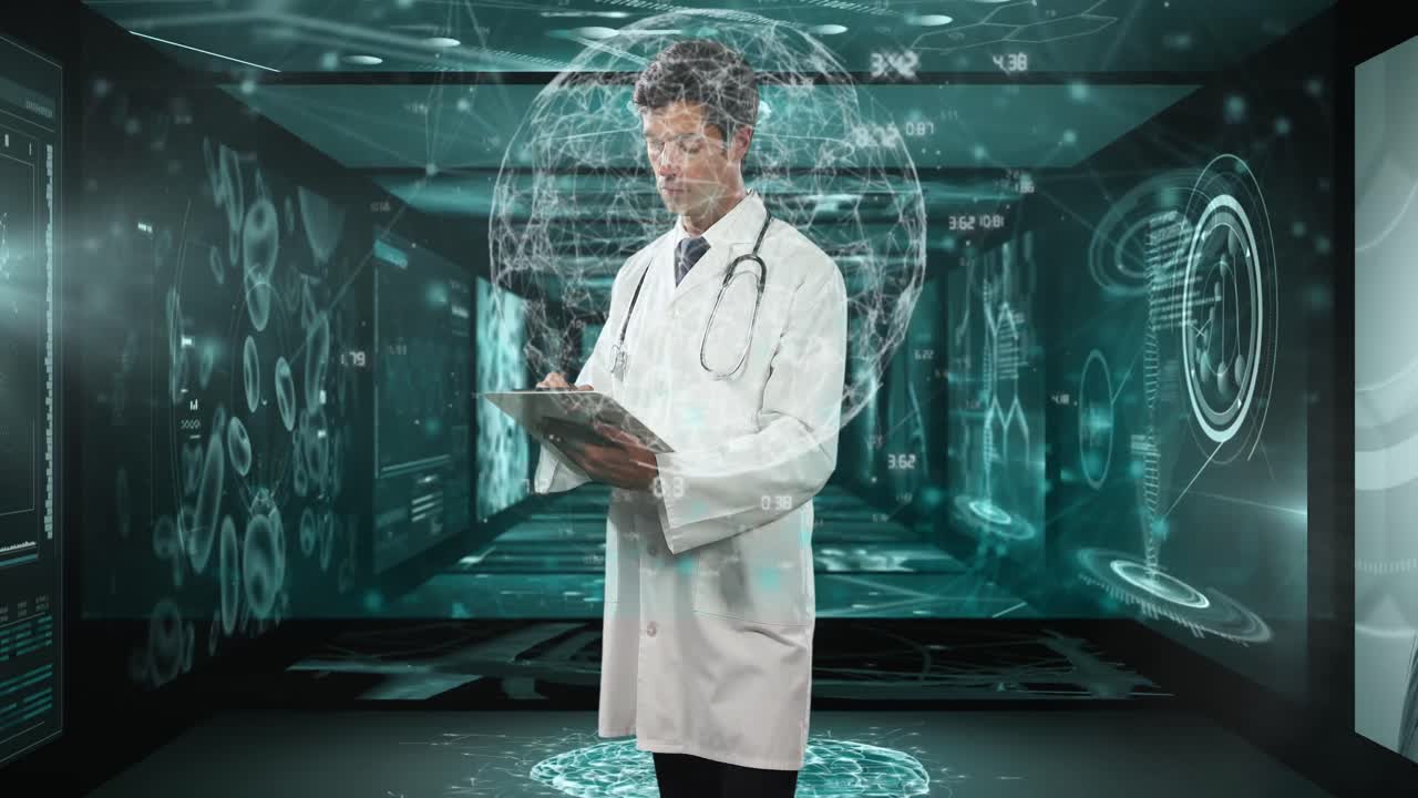 데이터 처리에 대한 두 인종의 남성 의사의 애니메이션