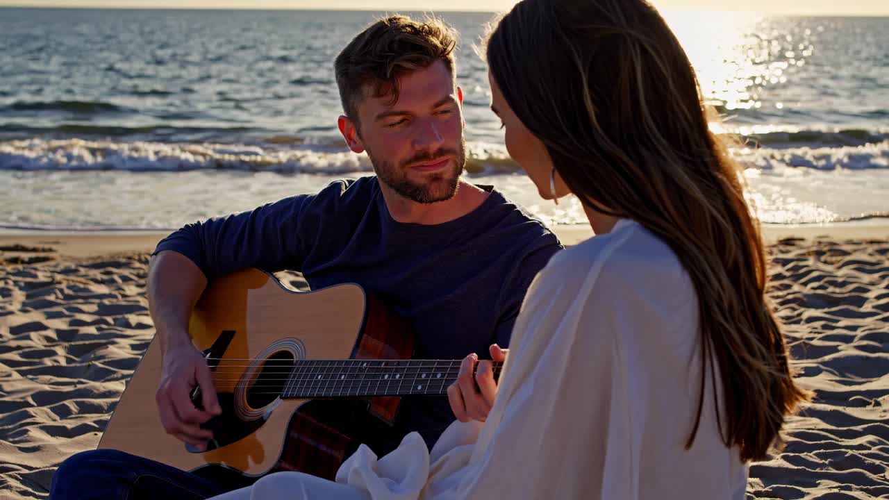 Romantic sunset moment highlighting musician serenading girlfriend while sitting together on sandy beach, sharing intimate musical connection during peaceful oceanside evening
