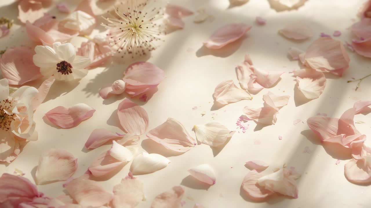 Shifting sunlight from window casting grid shadows on pale petals on tabletop, showing petal edges