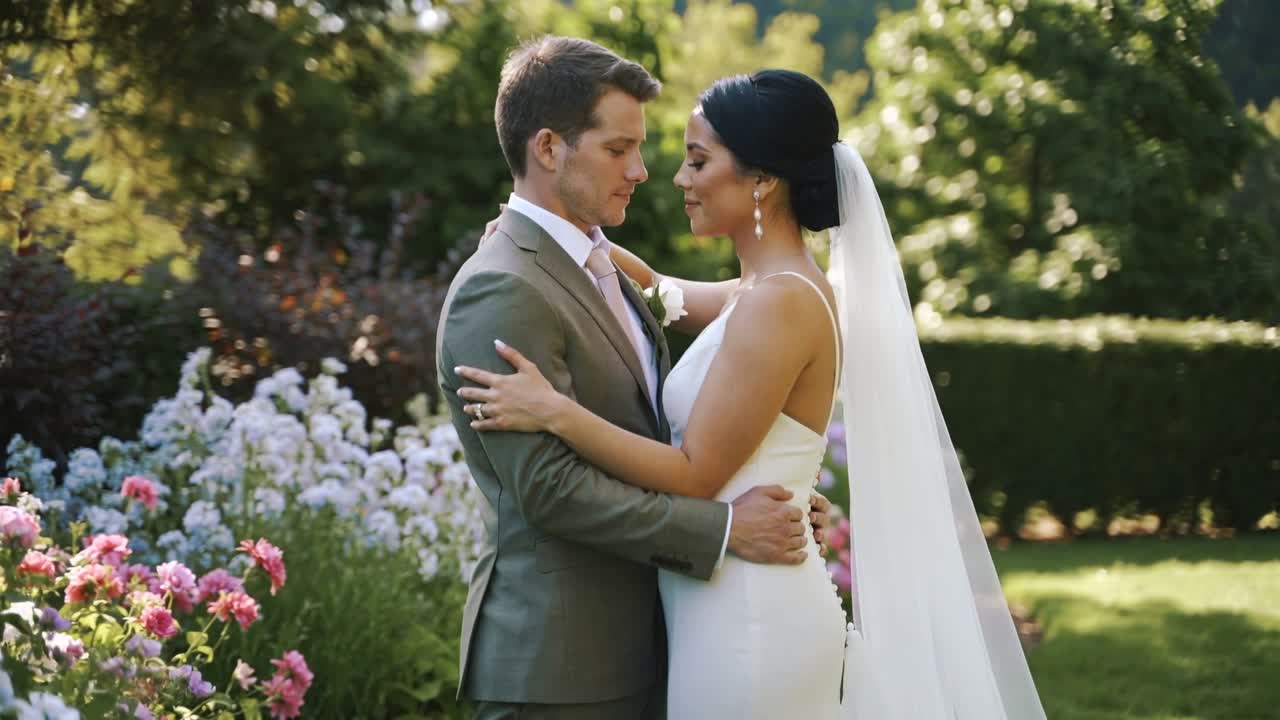 Novios de pie abrazándose para un retrato de boda en el jardín, con la cámara grabando, la novia con un vestido blanco.