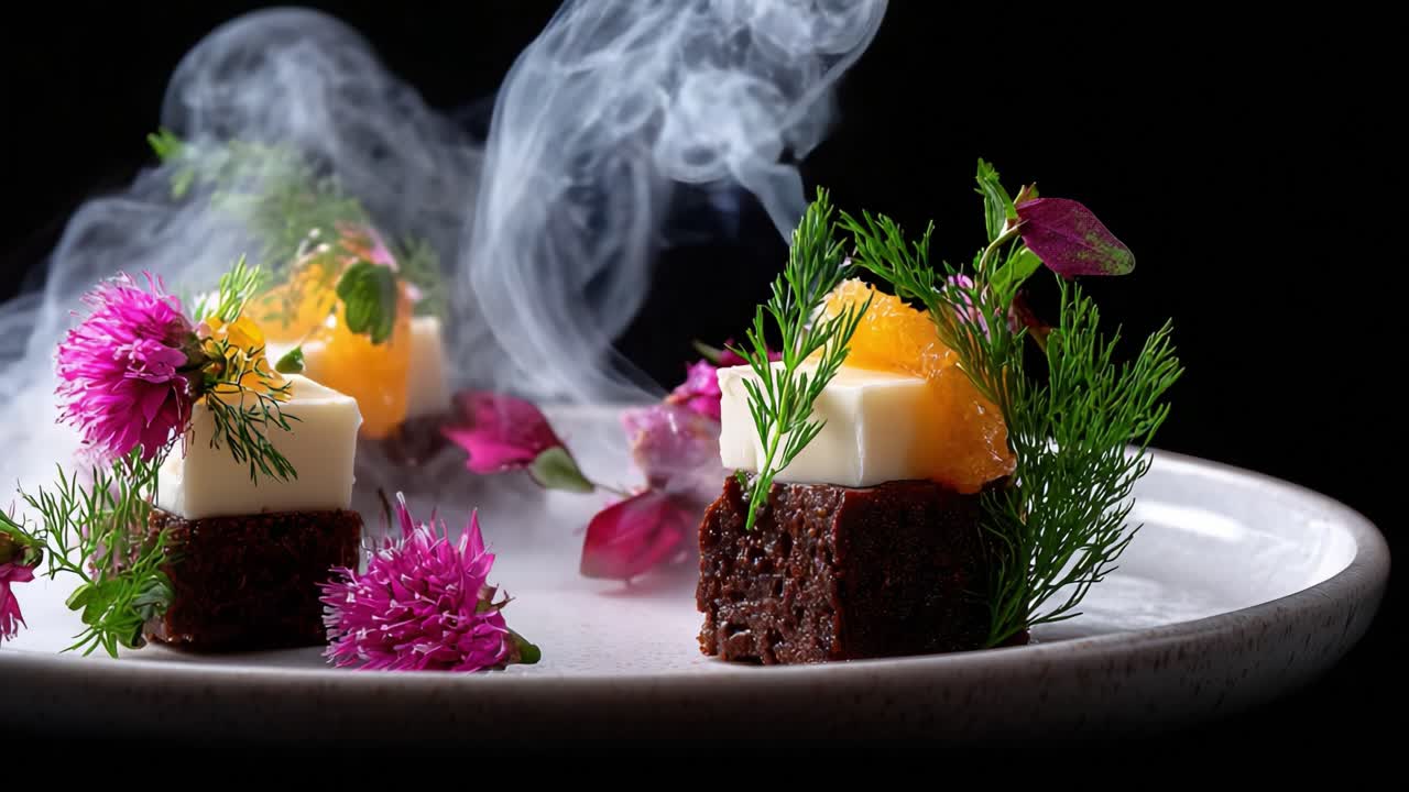 Artistic Culinary Presentation of Gourmet Delicacies Featuring Edible Flowers, Creamy Elements, and Wisps of Smoke in a Visually Stunning Plate Arrangement