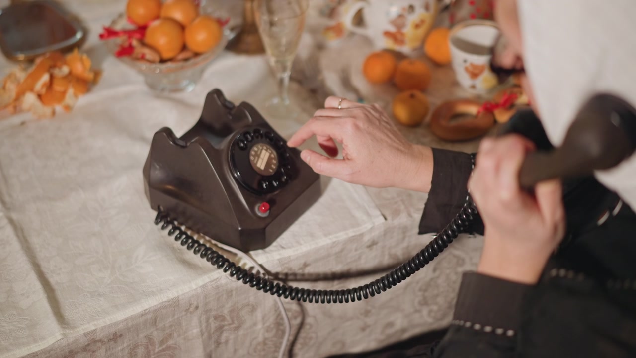 Nostalgia del telefono vintage. Primo piano di mani che compongono un classico telefono a disco in un ambiente accogliente. Scena intima che mostra mani che compongono un telefono vintage circondate da tè e mandarini in una luce calda.