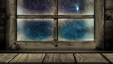 animation of wooden window frame with christmas snow falling and shooting star outside