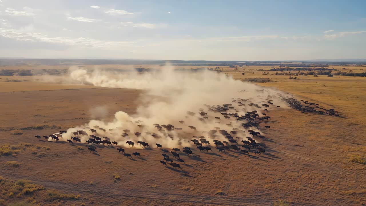 A massive herd of bison stampedes across a dusty plain