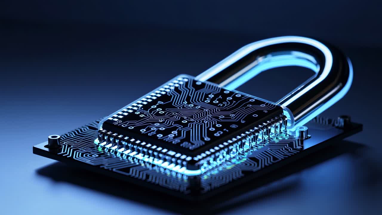 A futuristic video concept of cybersecurity with a close-up, low-angle view of a glowing lock