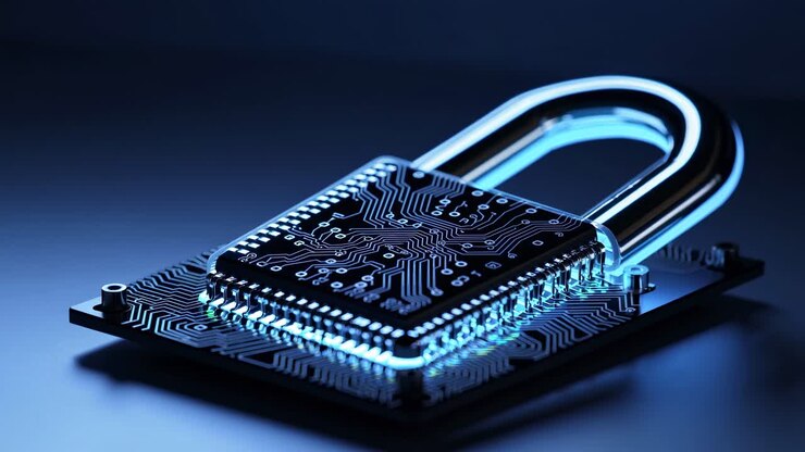 A futuristic video concept of cybersecurity with a close-up, low-angle view of a glowing lock