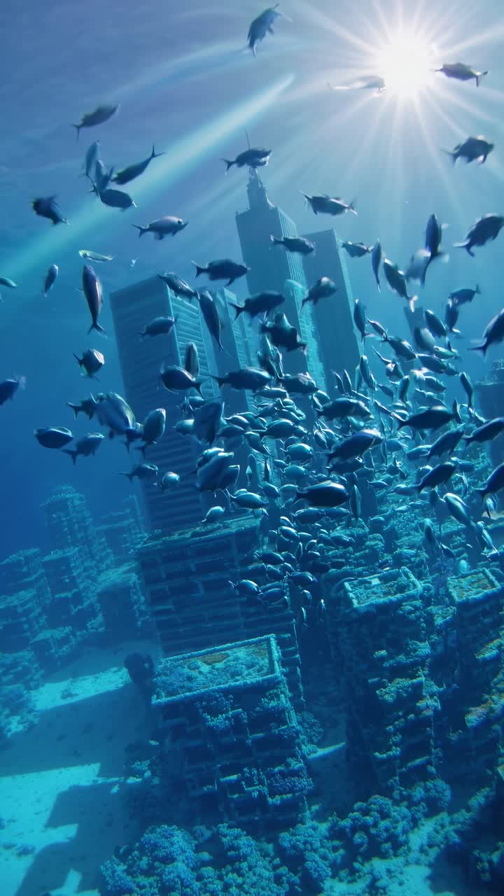 Underwater cityscape with fish swimming around sunken skyscrapers