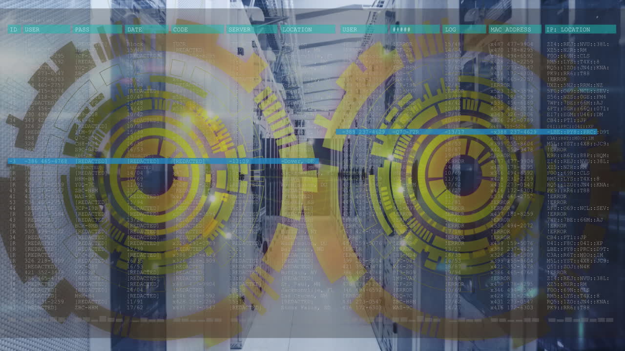 animación del procesamiento de datos y el escaneo de alcance sobre la sala de servidores