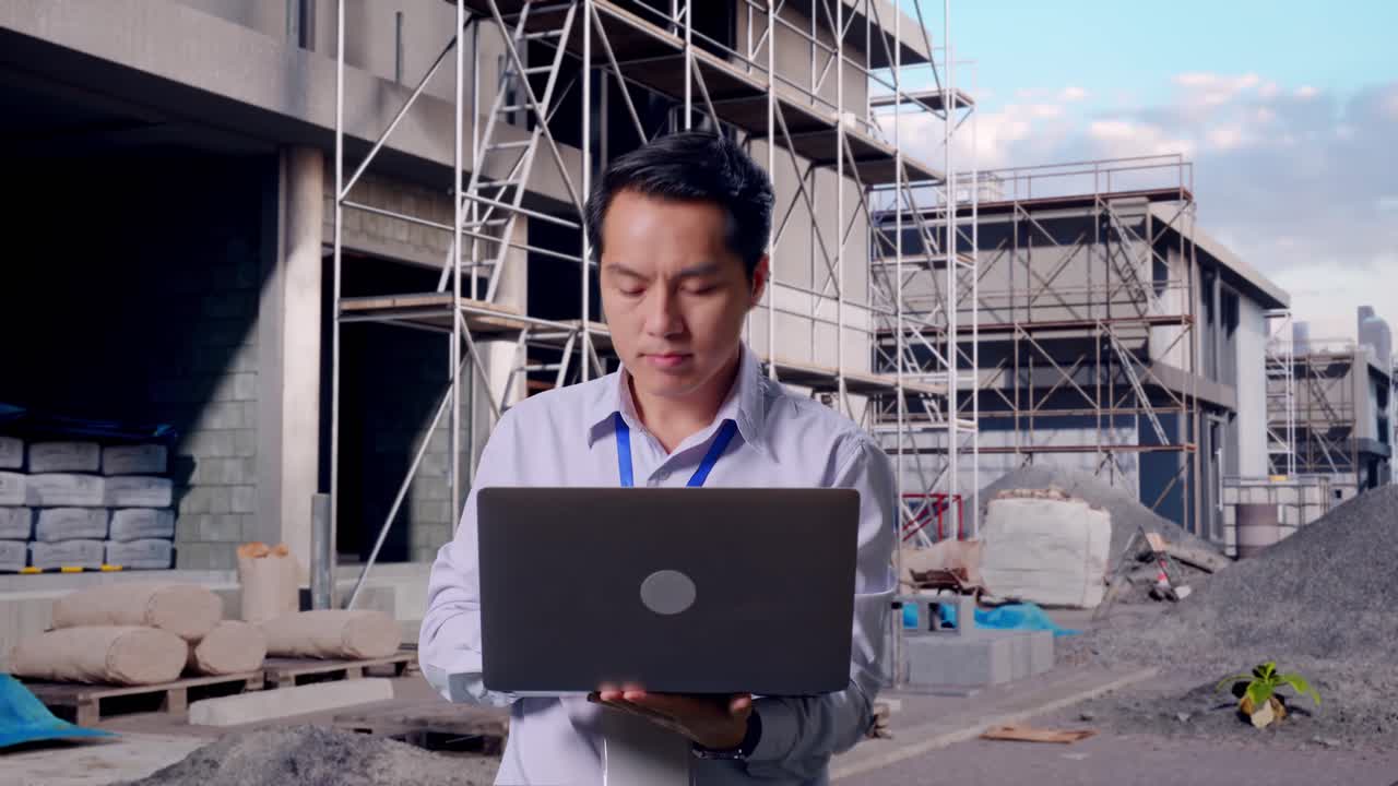 新しい家を建設中の現場で、ノートパソコンを持ったアジア人男性の専門作業員が立っています。彼は周囲を見渡して状況を確認した後、ノートパソコンに集中します。
