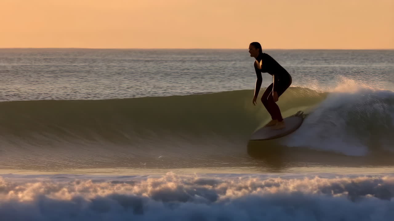 Surfer riding a wave at sunrise