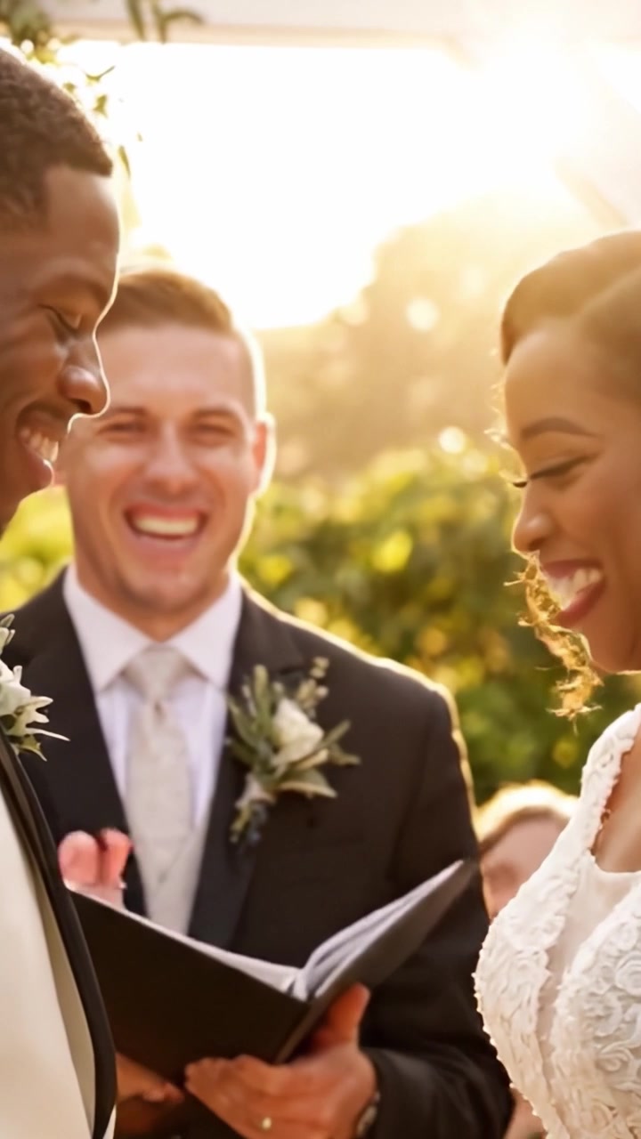 Uma Cerimônia de Casamento Alegre: Capturando a Bela Troca de Votos Entre o Casal Apaixonado Sob o Brilho Dourado do Pôr do Sol
