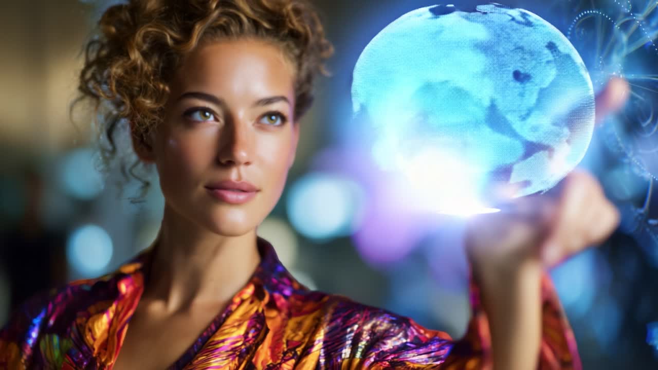 Una giovane donna con un abbigliamento colorato interagisce con un globo olografico, mostrando la tecnologia moderna e l'innovazione in un ambiente futuristico e coinvolgente