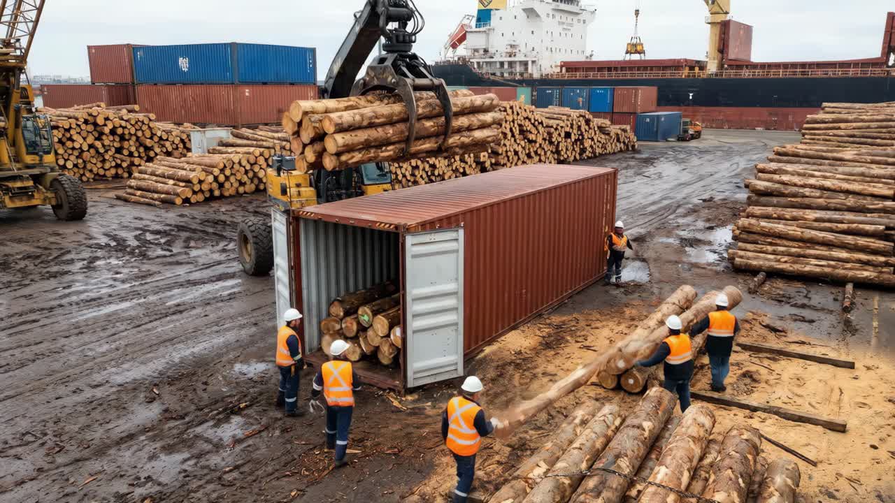 Workers Loading Logs into Shipping Container at Industrial Port