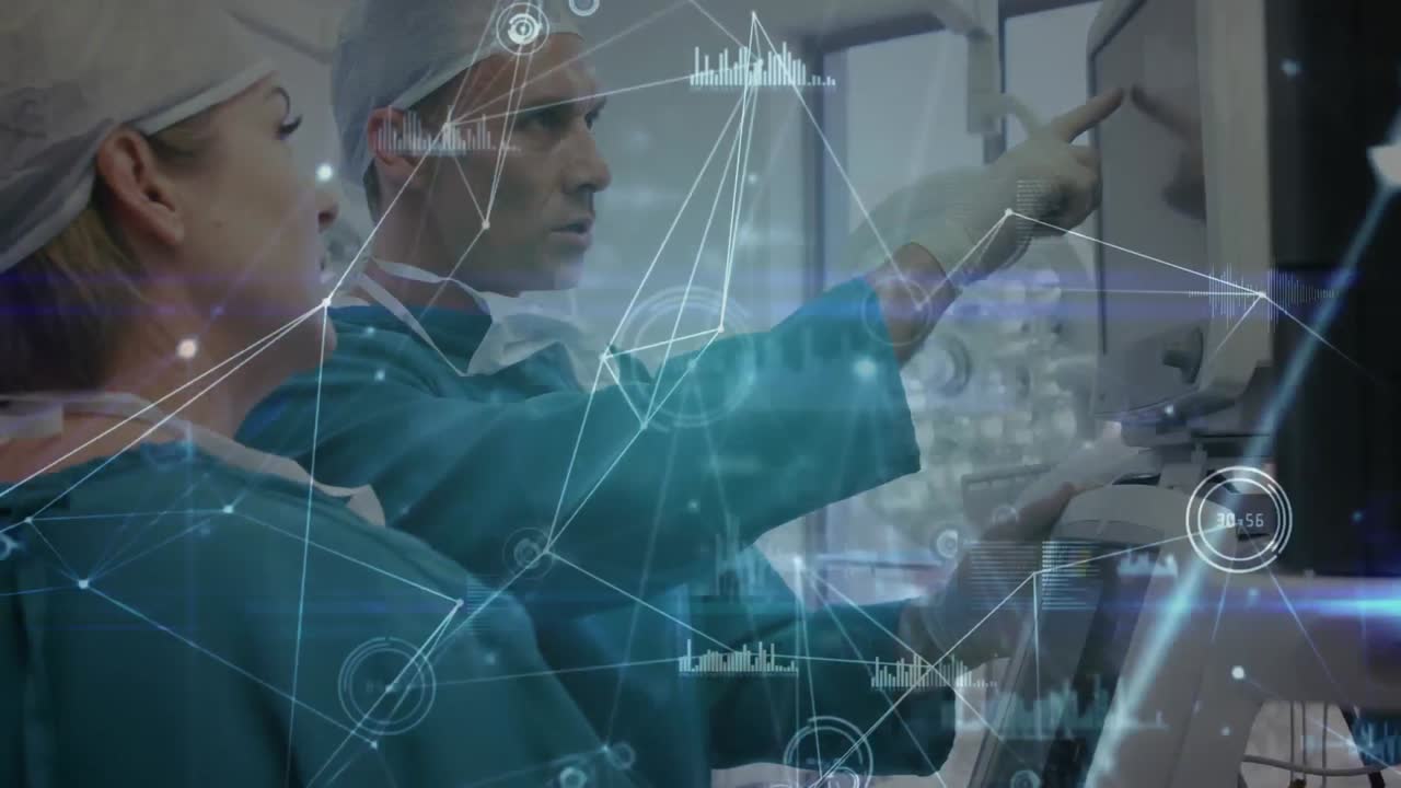 сеть связей против мужского и женского хирурга, использующего машину в больнице