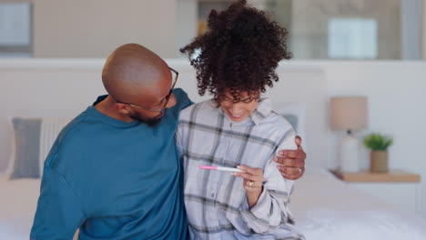 couple, good news and bedroom with pregnancy test