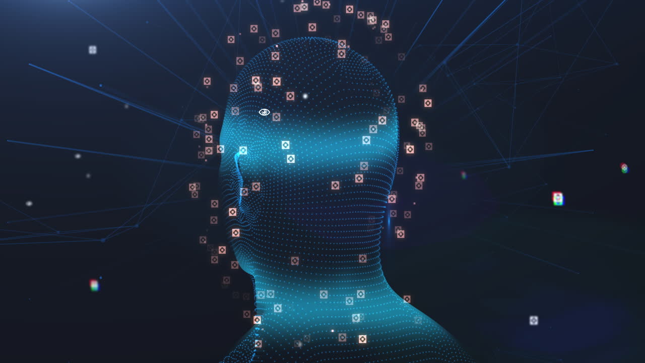 modelo de cabeza humana girando contra una red de conexiones sobre un fondo azul