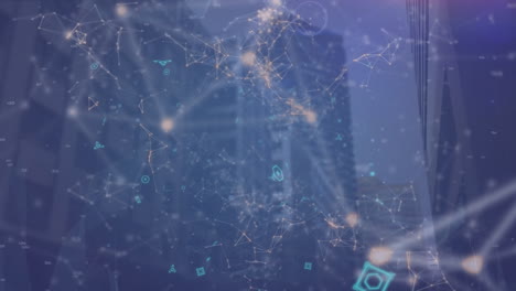Animation of network of connections with icons over cityscape