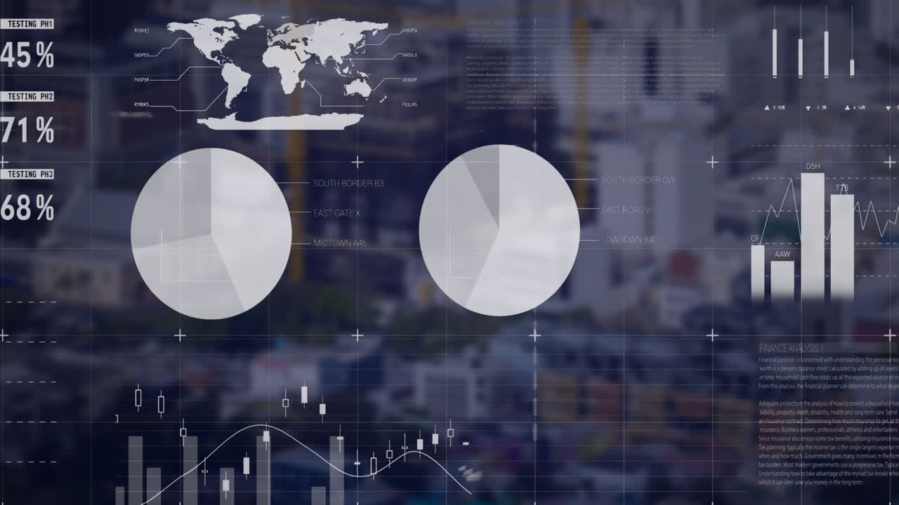 animación de una interfaz infográfica multicolor sobre una vista aérea de edificios modernos