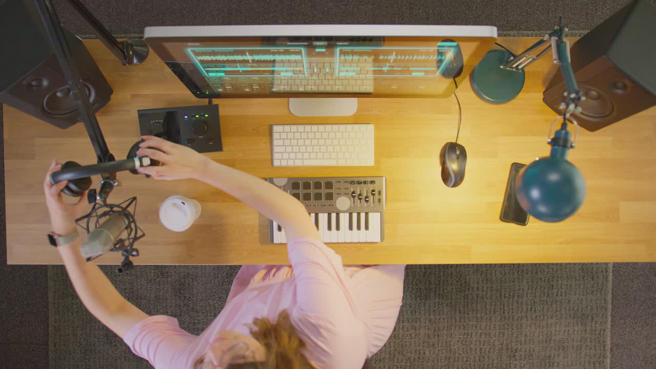 vista aérea de una mujer músico en la computadora en el estudio terminando el trabajo y apagando las luces