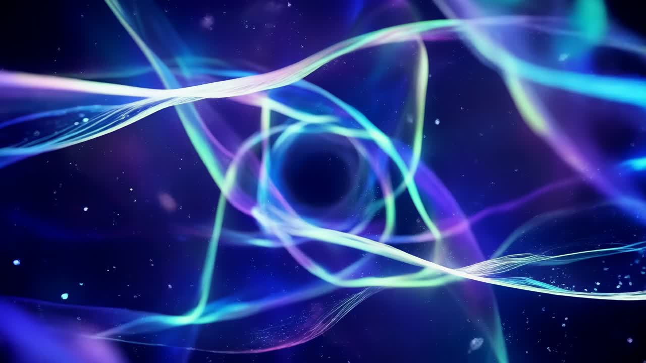 Advancing frames sending neon ribbons spiraling into central void over deep blue stars with flecks