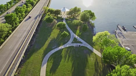 flyover of small park on the edge of lake ray hubbard in rockwall, texas