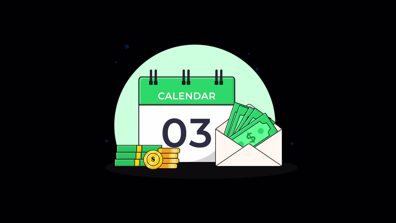Calendario animato con denaro e busta per la pianificazione finanziaria