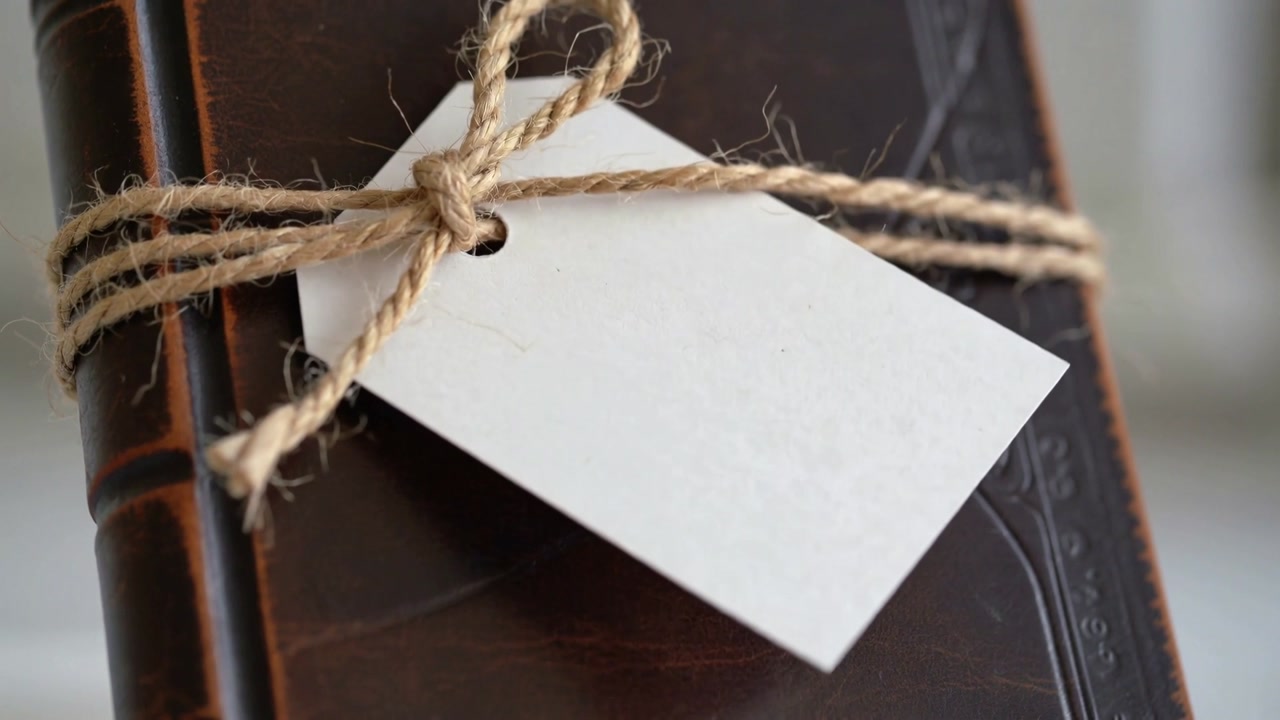 Shifting dark leather journal from gentle settling, showing tag tilting on tabletop with twine