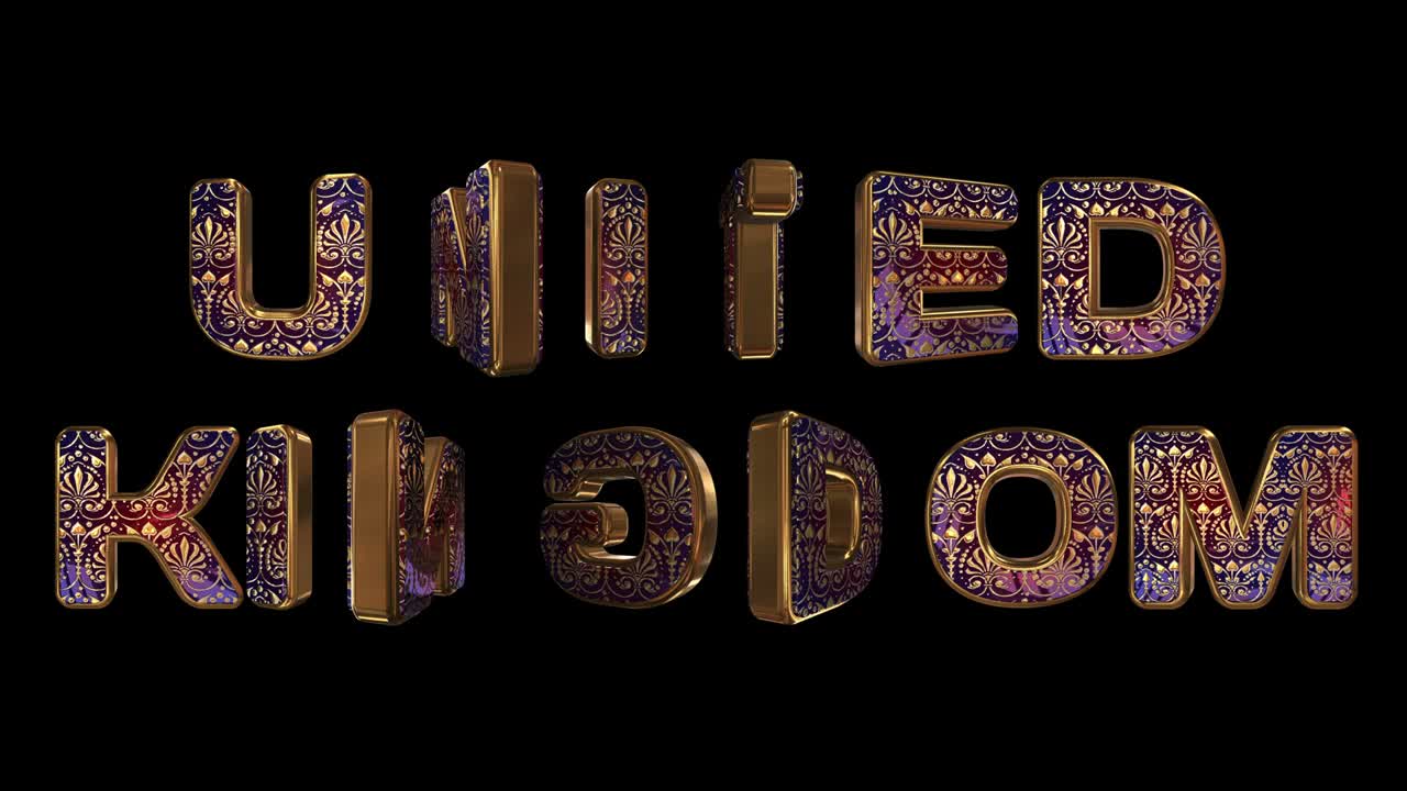 reino unido - inscripción en 3d. letras animadas doradas con ornamento real nacional en vivo. nombre del país en inglés. bucle. canal alfa.