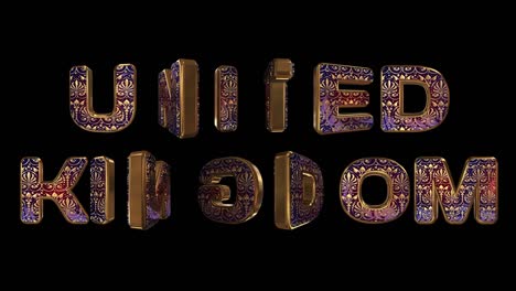 united kingdom - 3d inscription. golden animated letters with live national royal ornament. country name in english. loop. alpha channel.