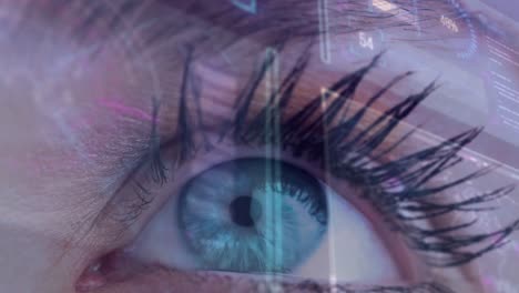 animation of digital screen with data processing over eye of caucasian woman