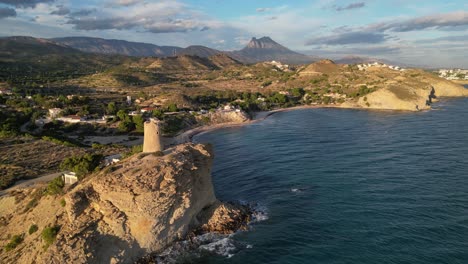 Villajoyosa-Coastline,-Cliff-and-Beach-in-Costa-Blanca,-Spain---Aerial-4k