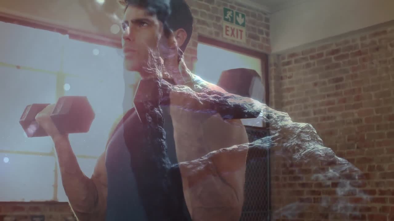 체육관에서 덤벨로 비 ⁇ 스 컬링을 하는 백인 체력 있는 남성에게 대항하는 dna 구조