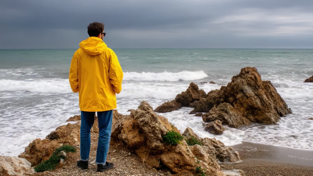 A solitary figure stands on a rocky shoreline, gazing towards the turbulent sea under a moody sky, embodying the essence of introspection and connection with nature