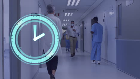 animation of clock moving over caucasian doctor with face mask running