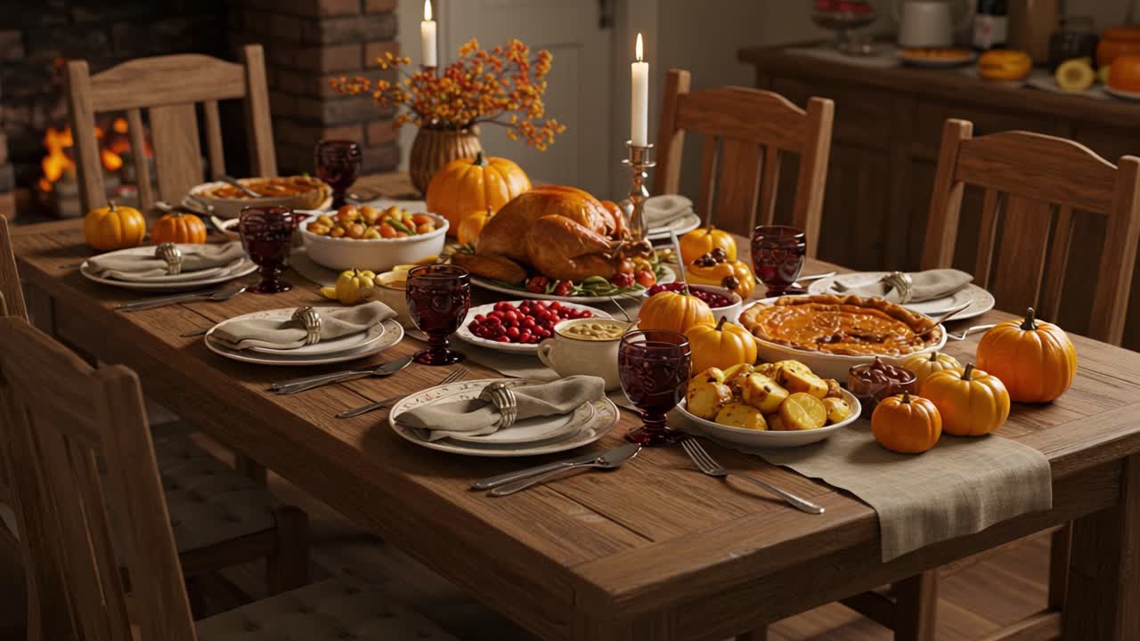 A Warm and Inviting Thanksgiving Dinner Table Displaying a Feast with Roast Turkey, Seasonal Sides, and Festive Decorations for a Joyous Gathering